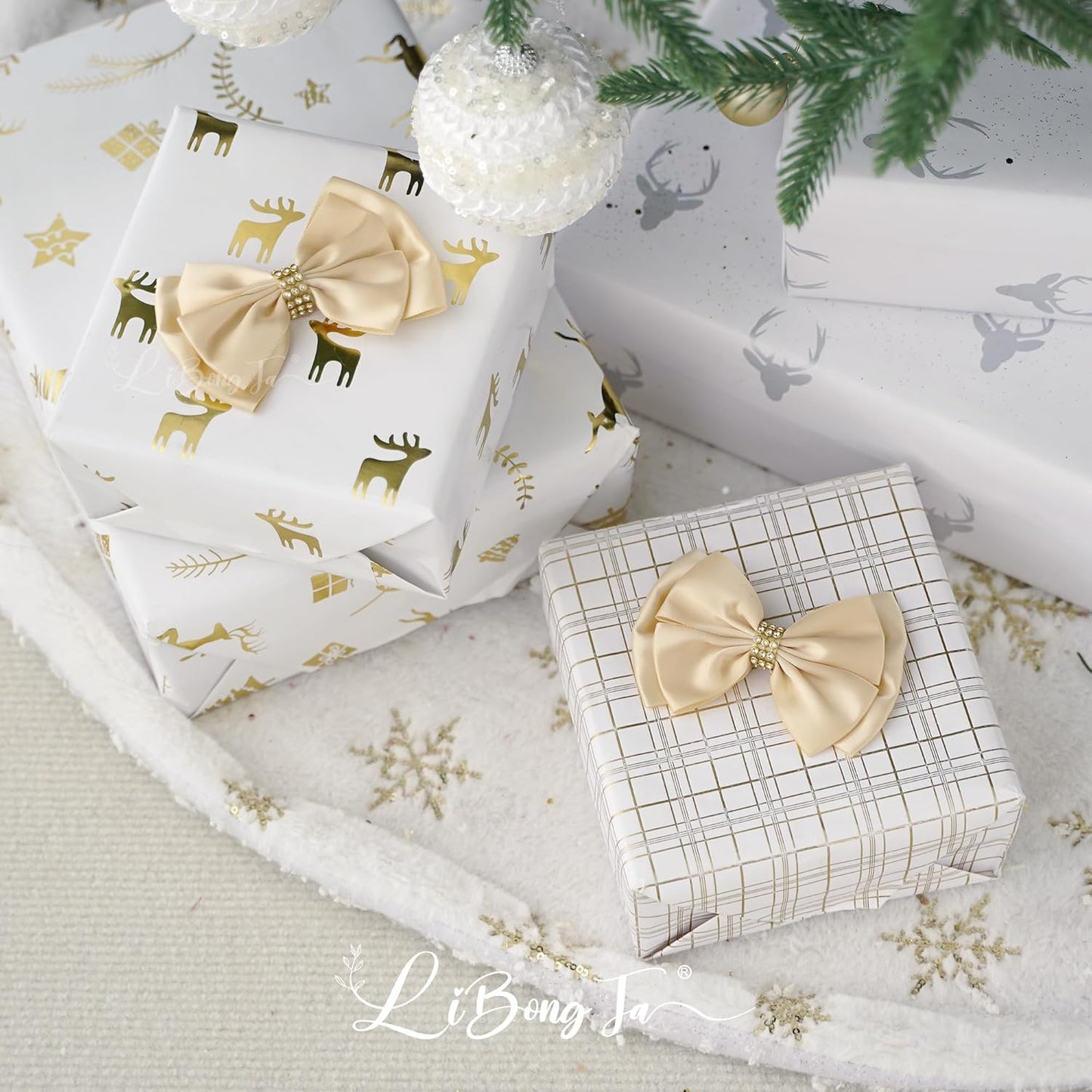 Champagne Gold Ribbon Bow 4'' Premade Satin Bows, Gift Bows with Rhinestone, Wrapping Bow for Presents, Greeting Cards, Treat Bags, Wine Bottle, Valentines Bows for Gift Wrapping-12 Counts