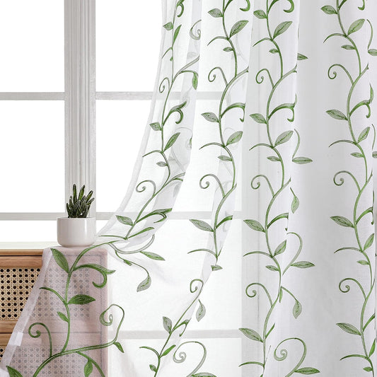 VISIONTEX Embroidered Green Sheer Voile Curtains, Leaves Embroidery Faux Linen Rod Pocket Window Drapes for Living Room and Girls Bedroom 54 x 95 Inch, Set of 2 Curtain Panels