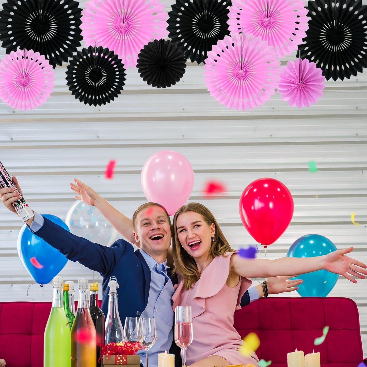 BEISHIDA Pink Black Hanging Honeycomb Round Paper Fans Decoration Bachelorette Theme Tissue Paper Fan Garland for Bridal Shower Women Girls Birthday Wedding Party Supplies（10packs）