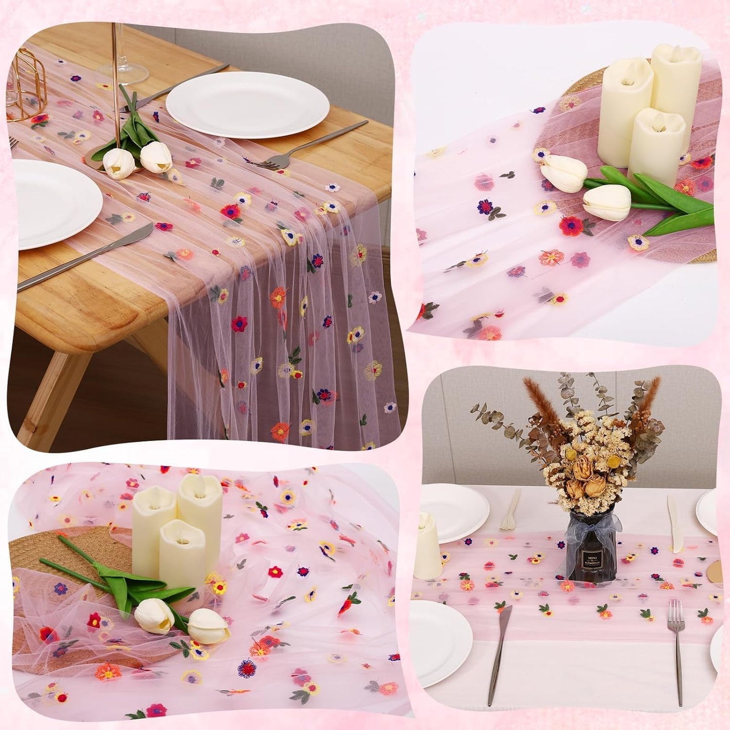 Pink Floral Table Runner 10 FT, Embroidery Daisy Table Runners Seasonal Sheer Tulle Table Runner for Thanksgiving Wedding Birthday Baby Shower Party ﻿