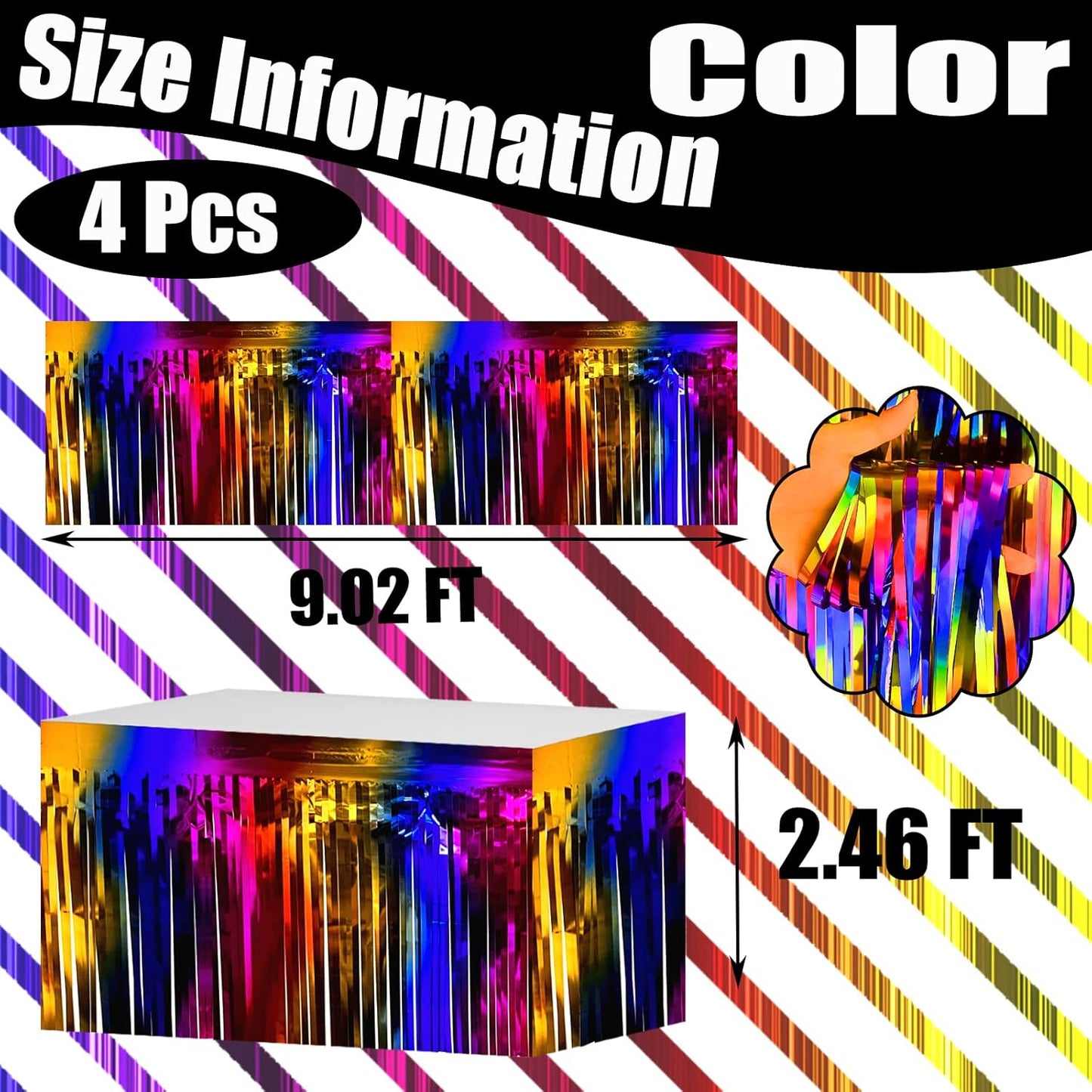 4 Pack 29x108 Inch Metallic Foil Fringe Tinsel Table Skirts for Rectangle Tables Streamer Backdrop for Wedding, Birthday, Parade Floats, Christmas, Halloween Party Decoration(Rainbow)