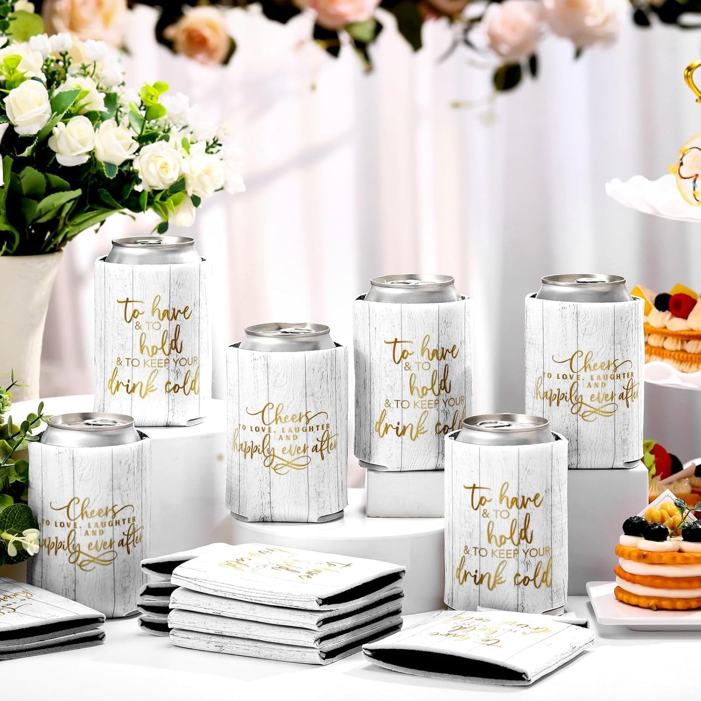 50 Pieces Wood Grain Wedding Can Cooler Sleeves Bulk Engagement Party Favors for Guests Cheers to Love Laughter and Happily Ever After Rehearsal Dinner Decorations for Wedding Bridal