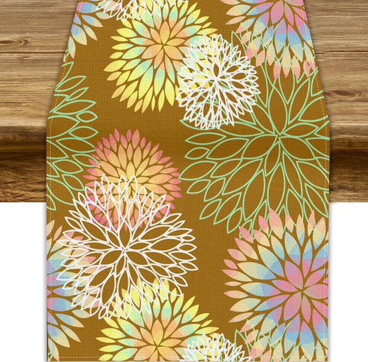 Brown Grey Dahlia Flower Table Runner, Linen Geometric Pattern Floral Table Decor Spring Farmhouse Decorations for Kitchen Dining Holiday Party Decor, 13x70 Inch