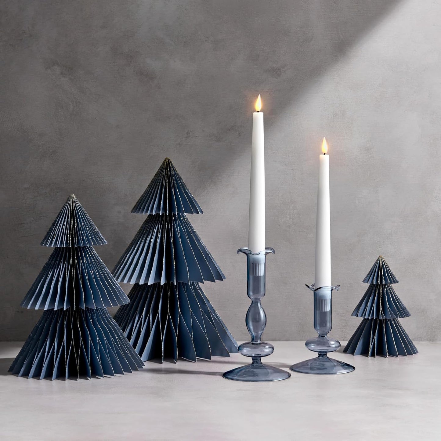 LampLust Winter Ornaments, 2 Pack Dusty Blue Honeycomb Paper Trees, 10 & 12 in, Blue Winter Wonderland Table Centerpieces Decorations for Home Mantel Decor