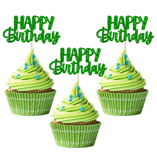 Gyufise 24 Pcs Happy Birthday Cupcake Toppers Glitter Cupcake Food Picks for Celebrating Theme Party Cake Decorations Supplies Green