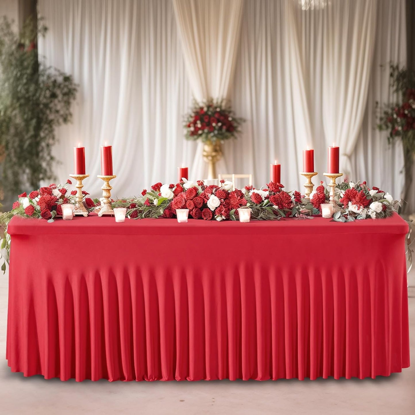 Wish Care 6 Pack Red Spandex Table Clothes for 6 Foot Rectangle Tables, 6FT Wrinkle Free Fitted Tablecloths Ruffles Design Table Cover for Party, Banquet, Wedding and Events