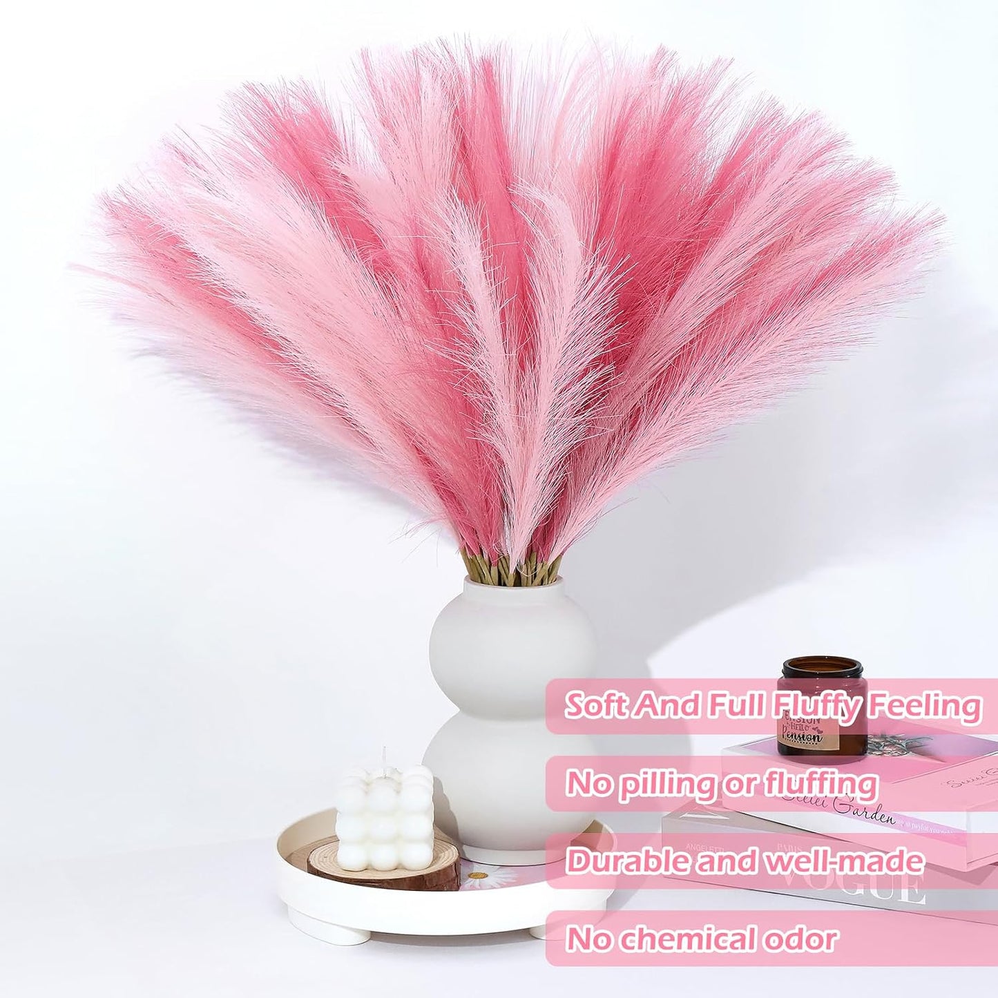 60 Pcs Pampas Grass Decor 21.7 Inch Faux Pink Pampas Grass Bulk Artificial Dried Flowers Small Vase Filler Pompas Grass.