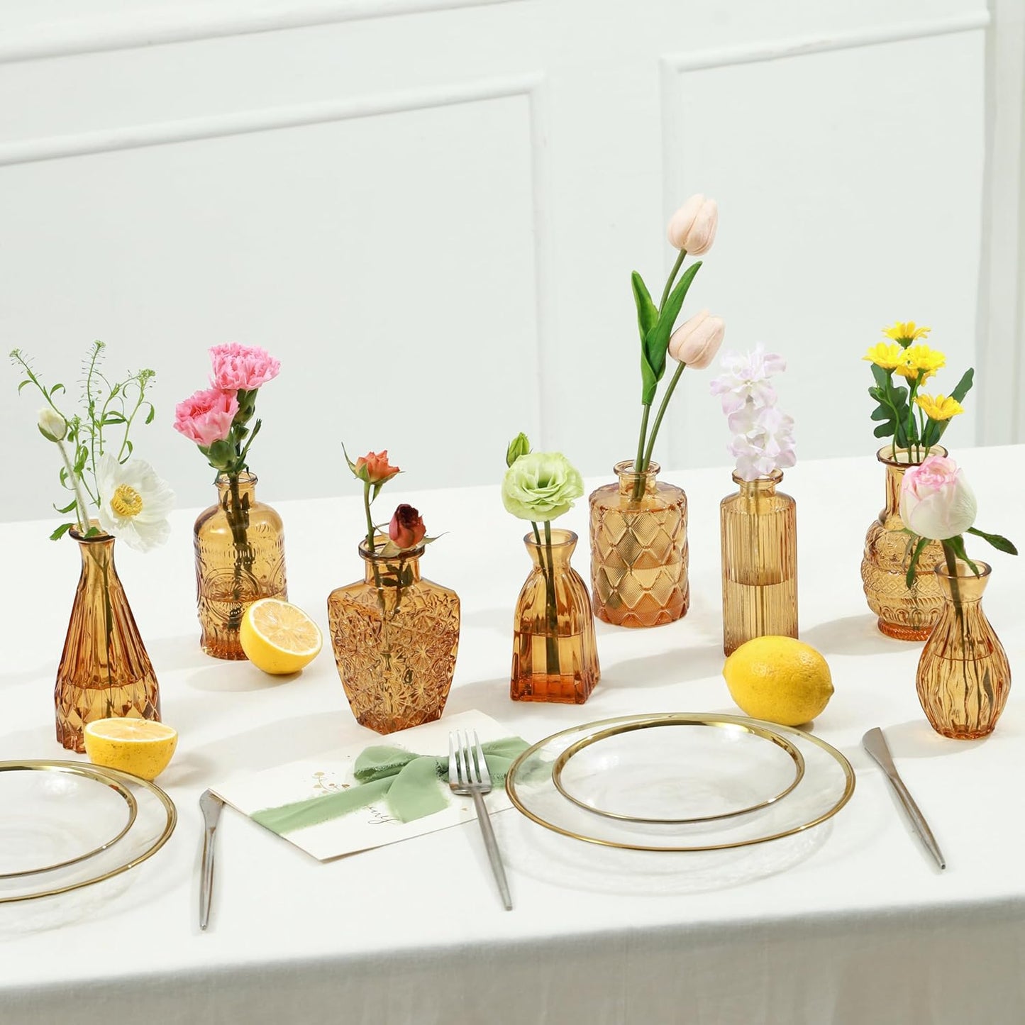 Vintage Small Glass Vases Set of 10,Mini Bud Vases for Flowers,Amber Glass Vases for Centerpieces,Wedding Decorations,Home Table Flower Decor (Amber)