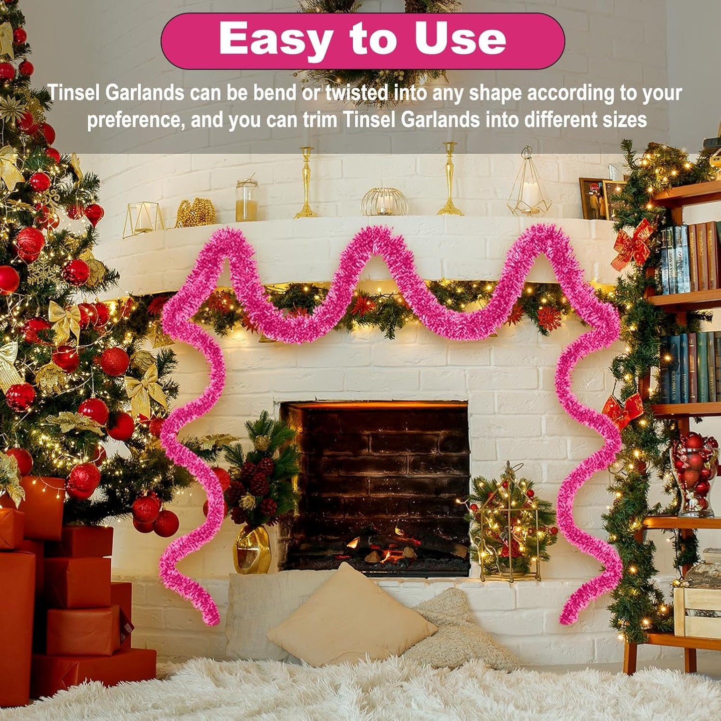 50 Feet Christmas Foil Fringe Banner Metallic Tassle Garland Metallic Backdrop Parade Floats Shiny Hanging Ceiling, Valentine's, Wedding, New Year Party Decorations(2" x 50', Pink)