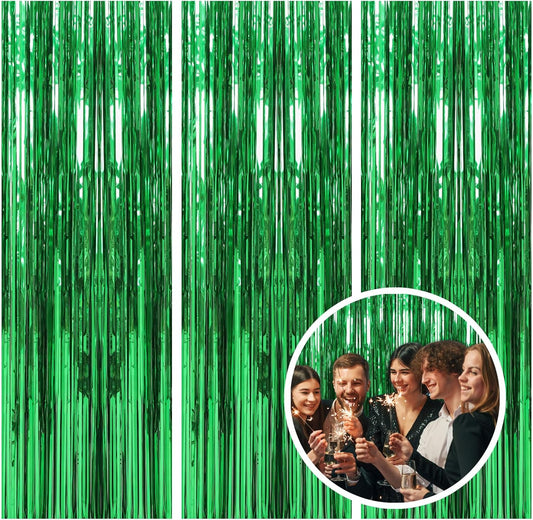 3 Pack Green Backdrop Tinsel Curtain Party Streamers Jungle Party Decorations Foil Fringe Green Backdrop for Birthday Christmas Dinosaur Animal St Patrick's Day Football Party Decorations