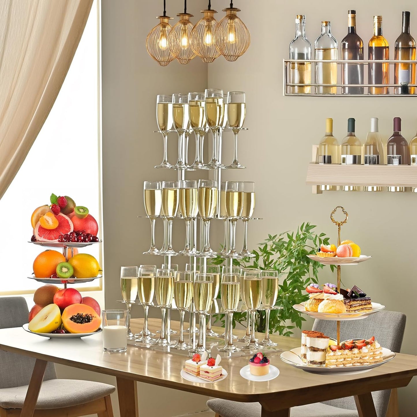 Champagne Tower, Rectangle Acrylic Champagne Display Rack Stand with 32 Slots, 3 Tier Floating Sight Champagne Flute Holder for Party, Wedding, School, Celebration, 17.3x11.8x25.5inch, 2 Pcs