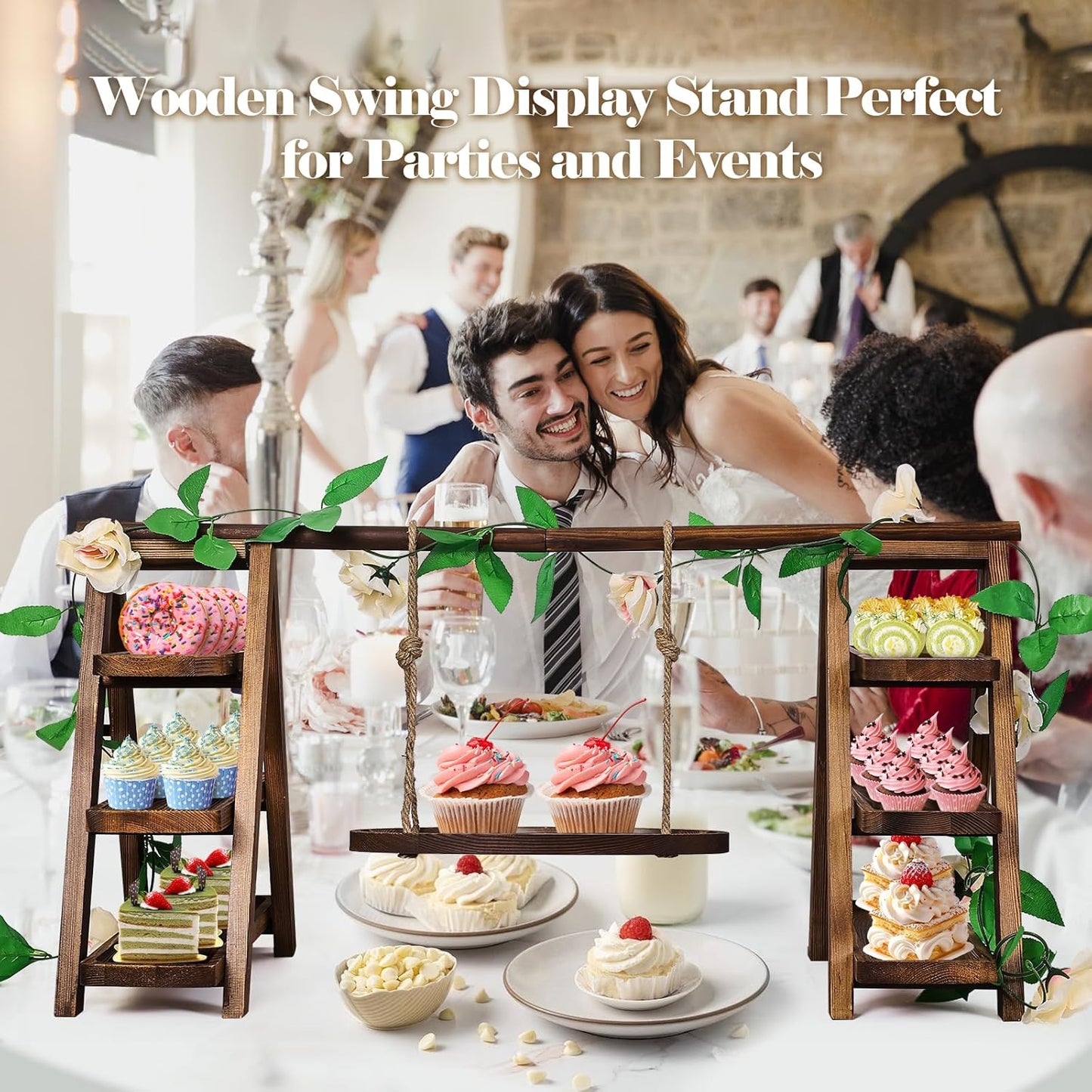 Wooden Cupcake Stand,3 Tier Cake Stands Party Food Display Serving Platter Tray Ladder Stand with Swing and Flower Decor,Rustic Dessert Table Display Set for Cake Fruit Donut Snack Cookie