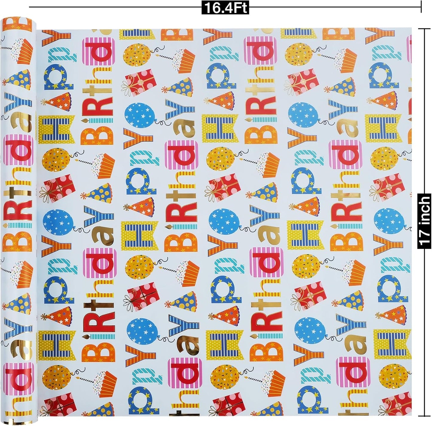 Aimyoo Blue Birthday Wrapping Paper Roll - 17 Inch X 16.4 Feet - Gold Foil Happy Birthday Lettering & Balloon Design Gift Wrap for Kids, Baby Showers