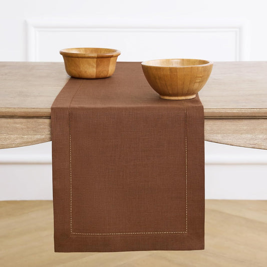 Solino Home Linen Brown Table Runner 108 Inches Long - 100% Pure Linen 14 x 108 Inch Table Runner for Fall, Autumn, Thanksgiving - Classic Hemstitch