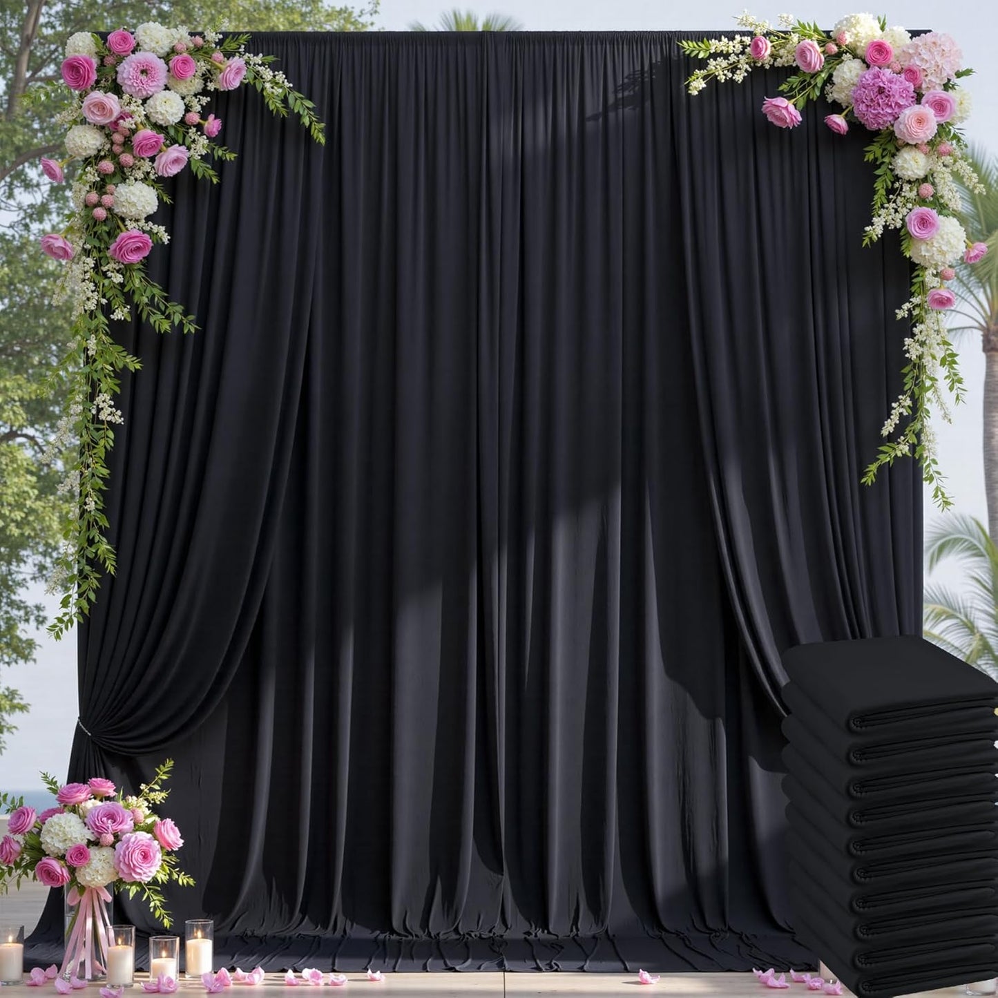 50×14ft Wrinkle Free Black Backdrop Curtain for Parties Wedding,10 Panels 5×14ft Height Soft Silky Polyester Photo Backdrop Drapes for Birthday Graduation Photography Stage Event Background Cloth