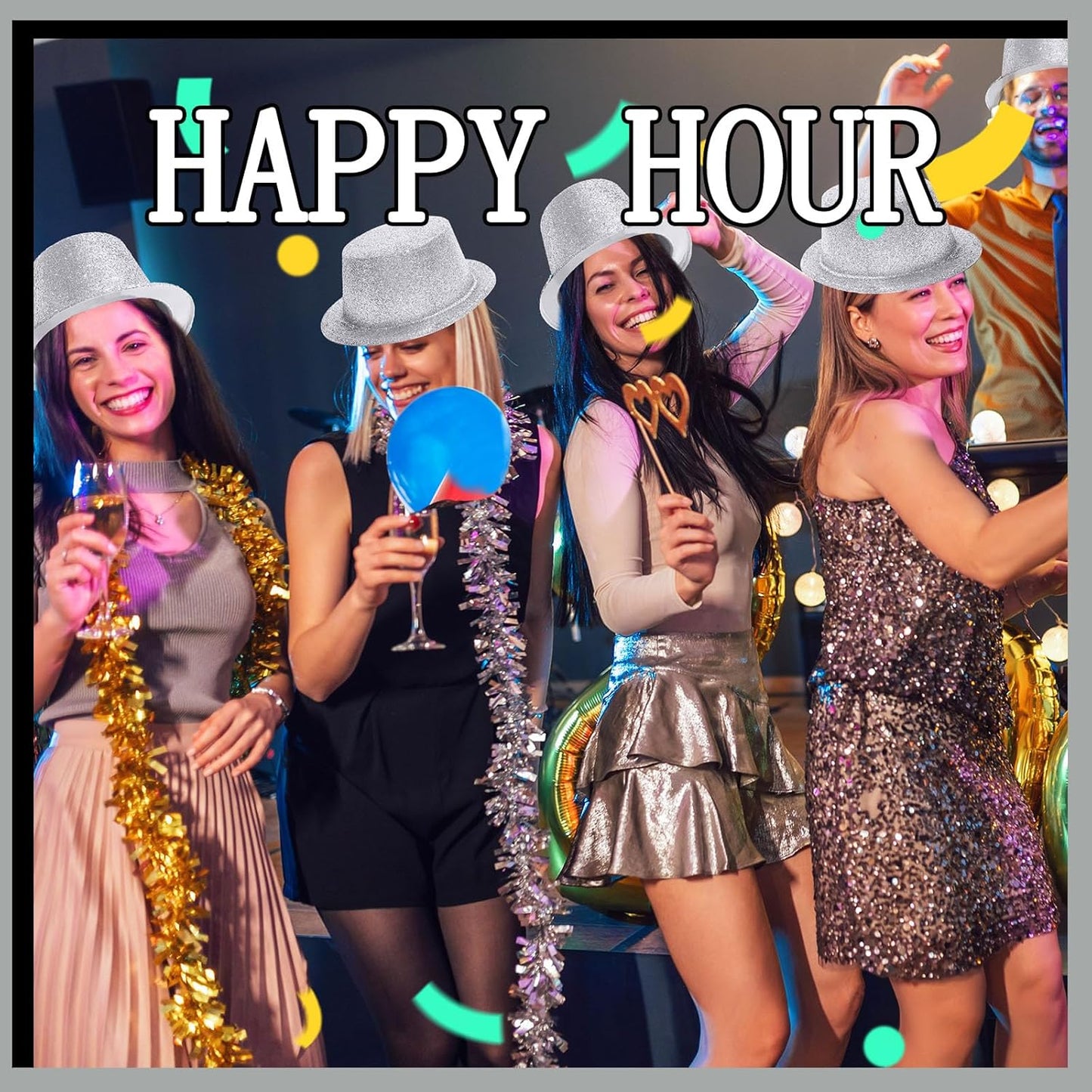 Hillban 12 Pcs Top Hats Halloween Glitter Plastic Retro Disco Party Hats for Halloween Magician Birthday Wedding Carnivals(Silver,Classic)