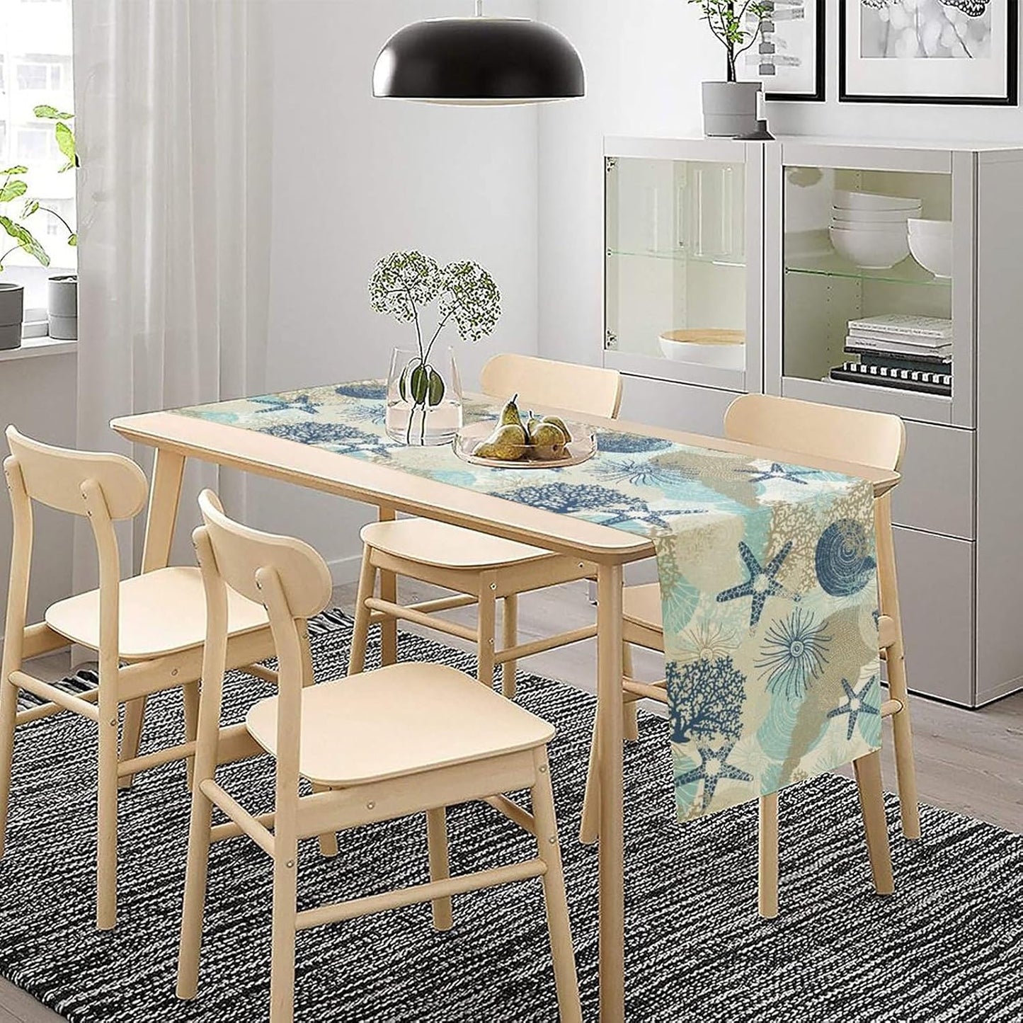 Nautical Coastal Table Runner，Ocean Themed Starfish Coral Conch Beach Kitchen Dinning Table Decoration for Indoor Outdoor Home Party Decor 13x60 Inch