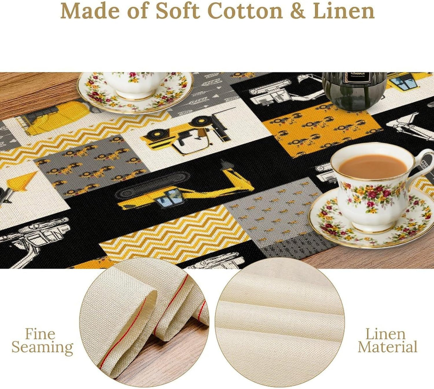 Excavator Table Runner,Boys Kids Construction Vehicles Equipment Trucks Cartoon Car Tablecloth Burlap for Hotel Indoors Outdoor Dining Room Kitchen Holiday Party, 13x90in