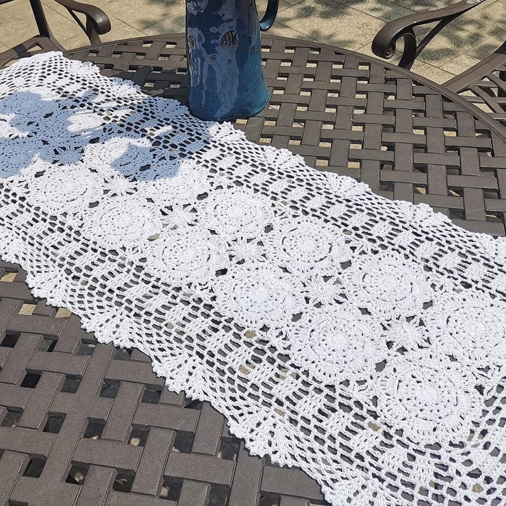 Phantomon Lace Table Runner Rectangular Table Cover Cloth Handmade Crochet Floral Placemats 100% Cotton (Floral White, 15x39Inch)
