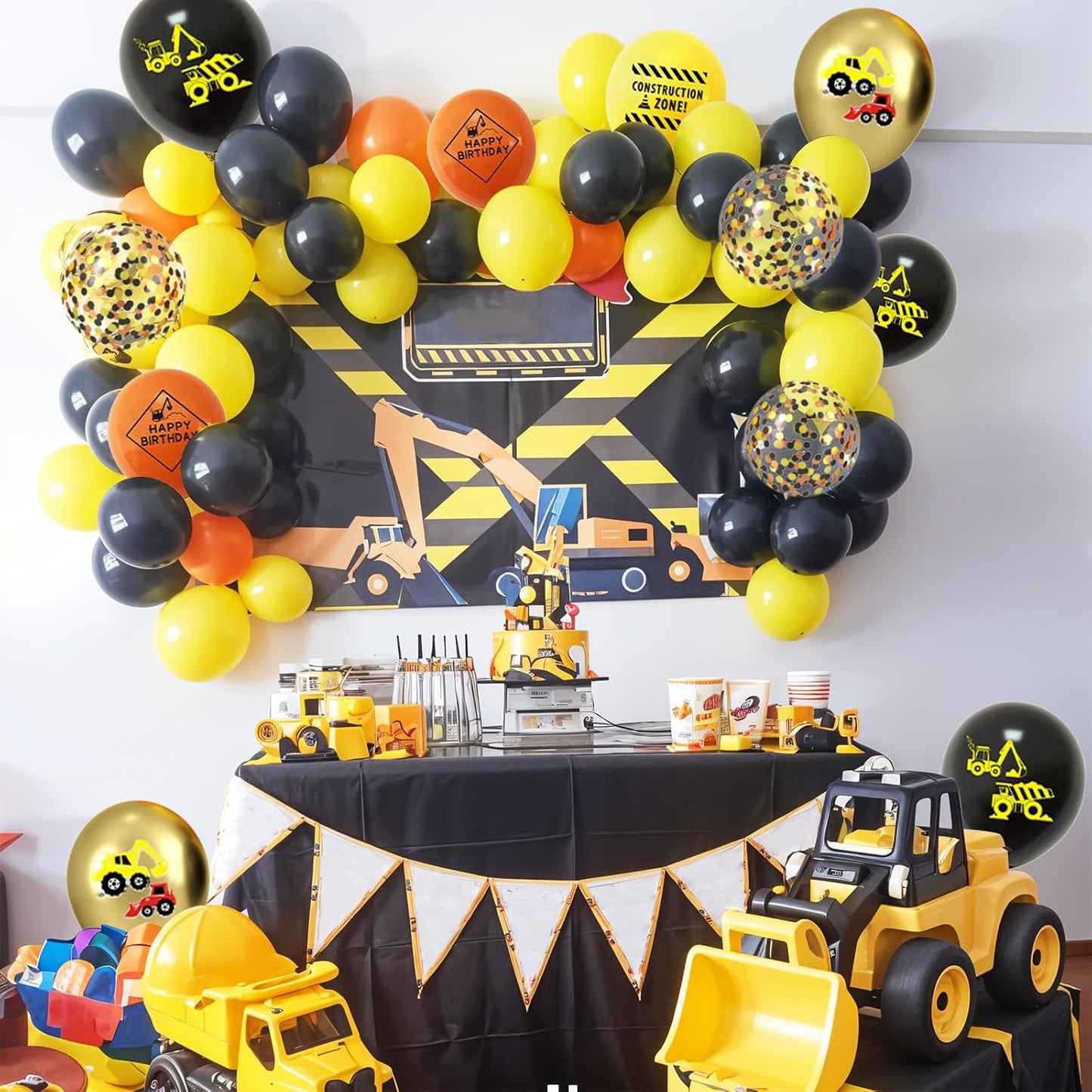 Construction Balloons, 12 Inch Gold Black Yellow Orange Confetti Balloons for Boy Baby Shower Construction Themed Birthday Truck Party Graduation Supplies