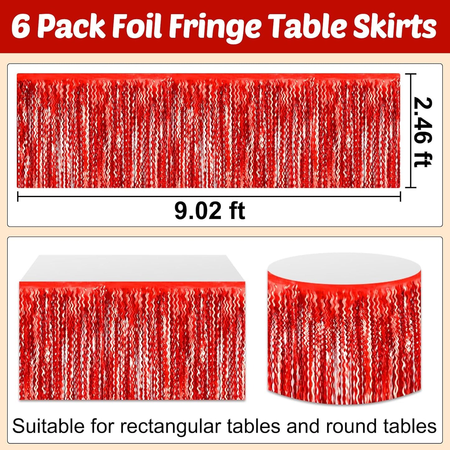 6 Pack 29x108 Inch Red Wave Foil Fringe Table Skirts Metallic Banner for Tinsel Streamer Garland Backdrop for Parade Floats Wedding, Mother's Day, Birthday Mardi Gras Party Decorations