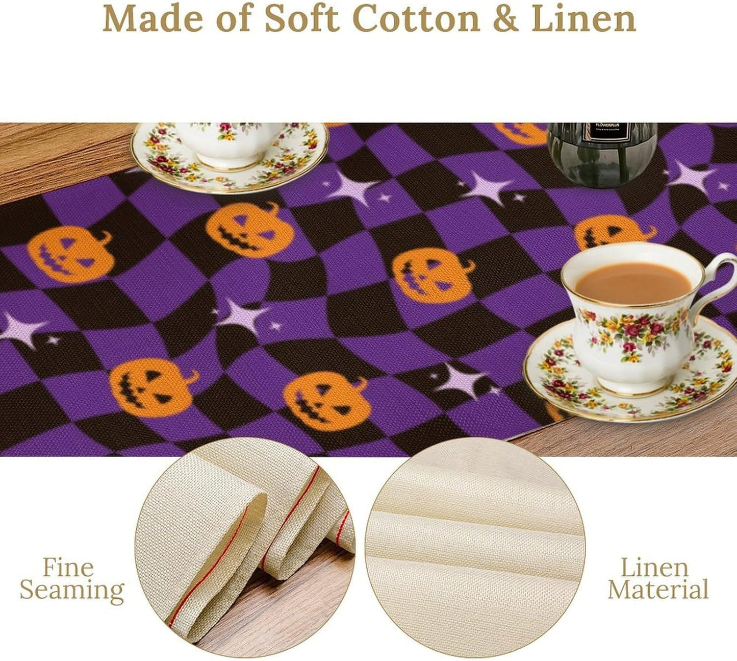 Halloween Table Runner,Purple Checkered Pumpkin Table Runner for Kitchen Dining Table Decoration Home Party Decor 13x108 Inch