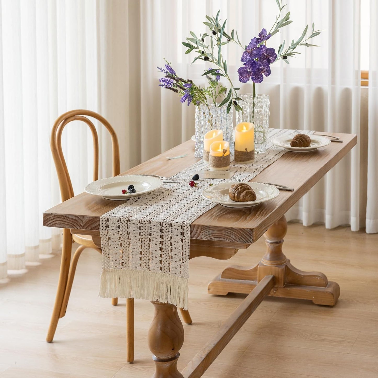 Boho Table Runner White for Home Decor 12x90 Inches Farmhouse Macrame Burlap Jute Rustic Dining Kitchen Centerpiece Bohemian Decor French Country Baby Bridal Shower Decorations