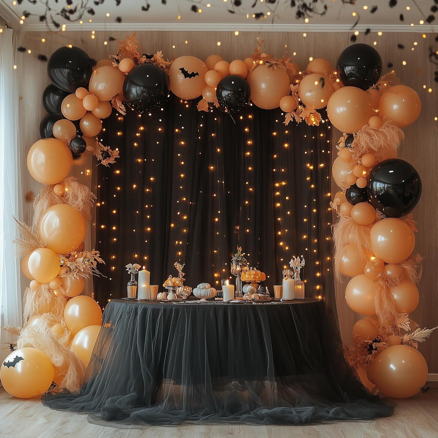 Tulle Backdrop Curtain with Lights String 10FT X 10FT Black Sheer Tulle Backdrop Curtains for Wedding Birthday Party Reception Photo Booth Background Decorations (2 Panels 5x10FT)
