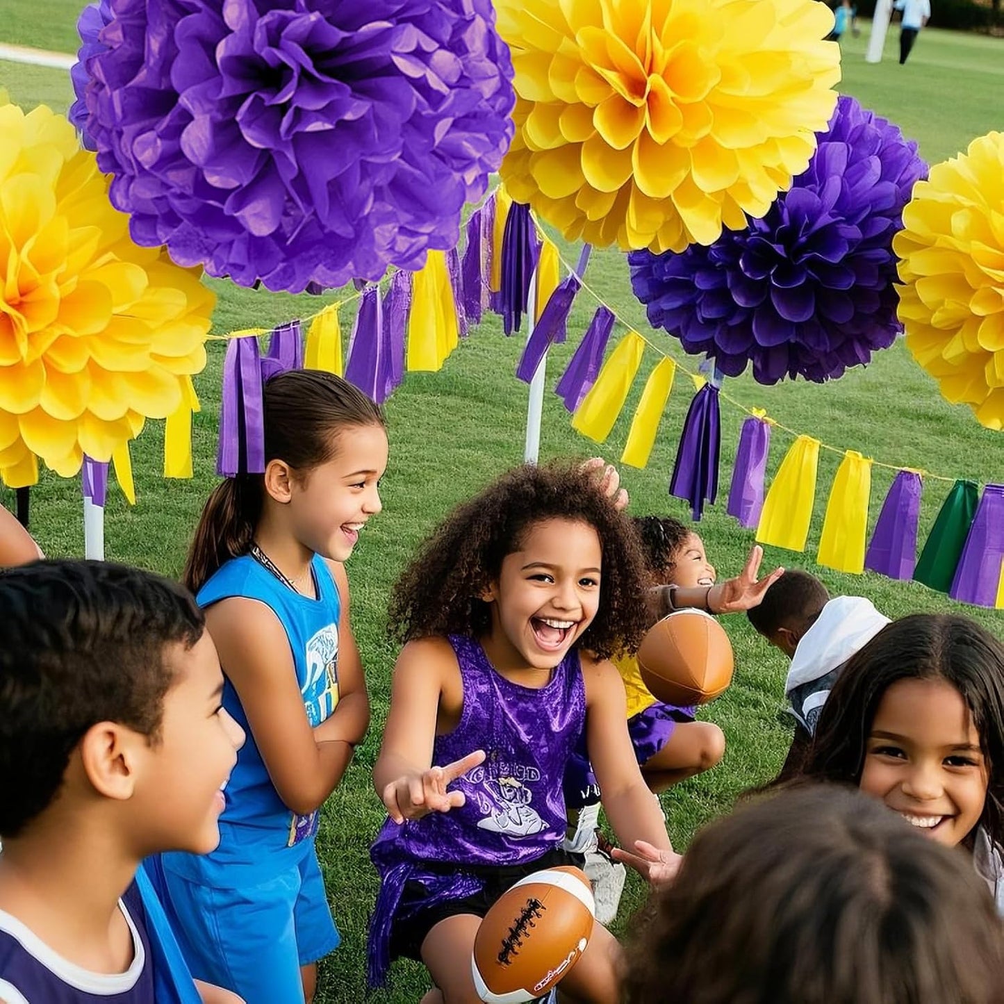 Capesaro Purple Yellow Tissue Paper Pom Poms，12PCS Tissue Paper Flowers for Basketball Sport Theme Party Birthday, Graduation Decorations, Football Party Supplies for Men Boys Adults Sports Theme