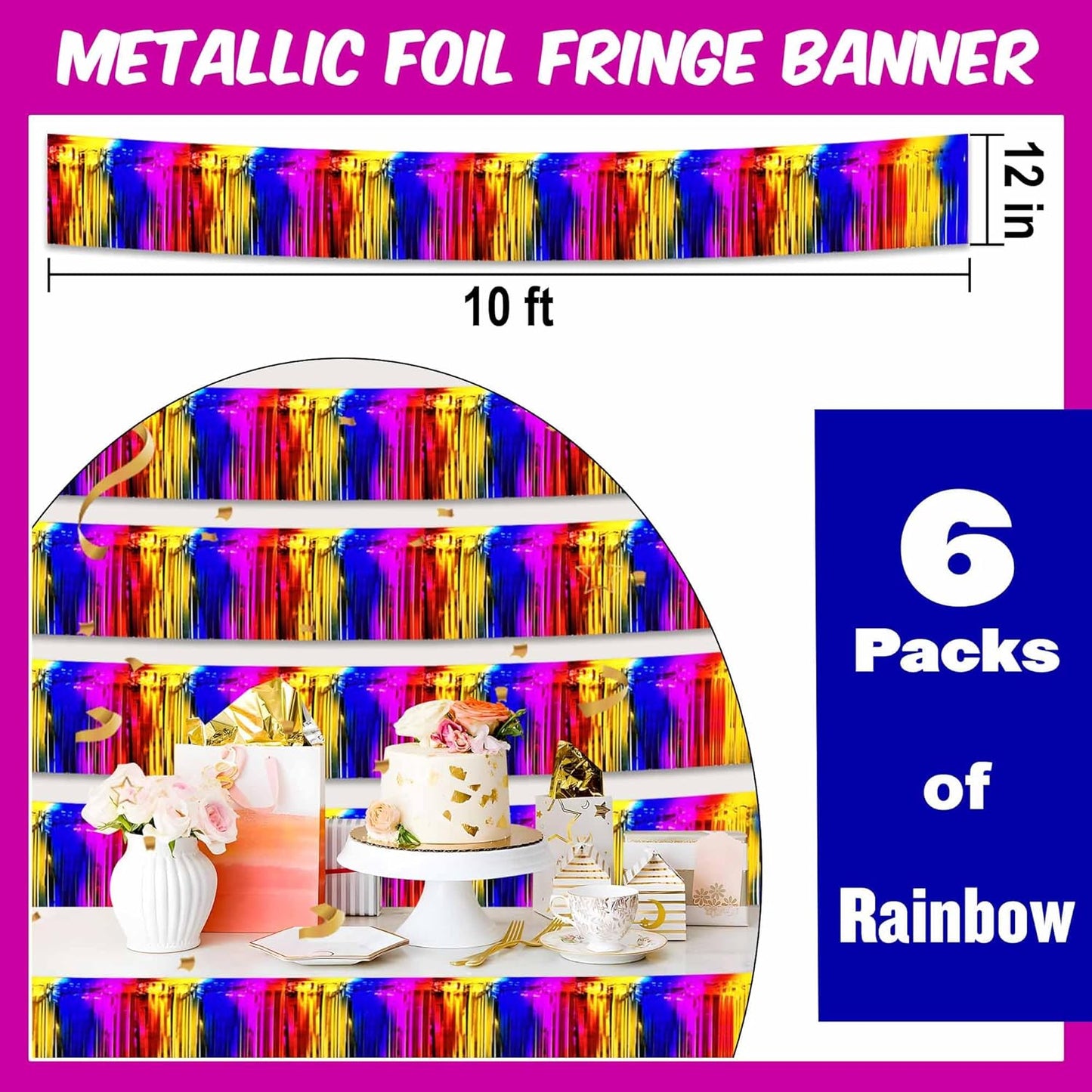 6 Pack 10 Ft Rainbow Foil Fringe Garland Metallic Streamers Tinsel Banner Wall Hanging Garland Backdrop for Parade Floats, Halloween, Christmas, Thanksgiving, New Year Party Decorations