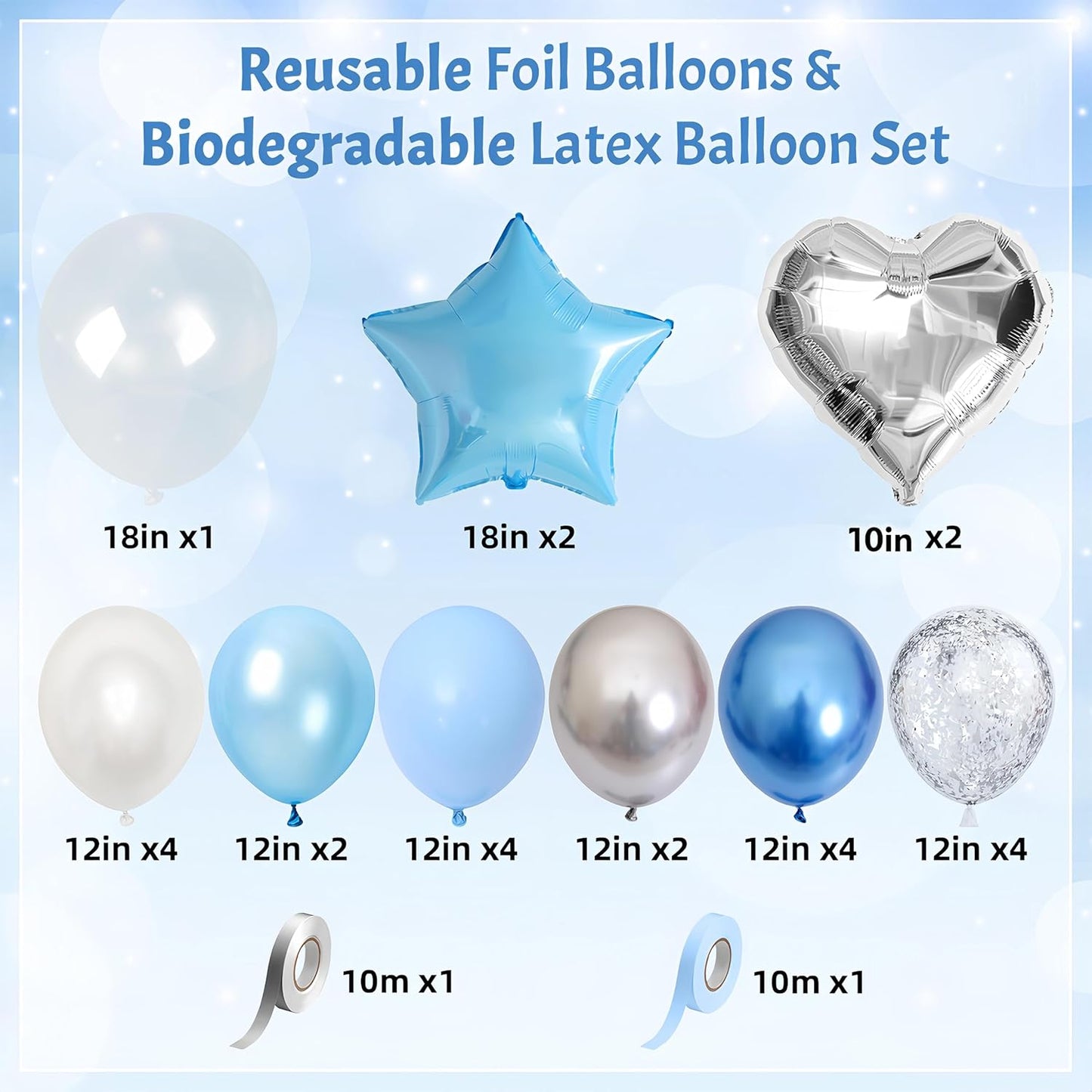 Blue and Silver Balloons Heart Star Mylar Balloons, Happy Birthday Decorations for Men Women, Metallic Light Baby Blue Silver Balloon 18 in Clear Confetti Heart Star Shape Foil Balloon as Party Decor