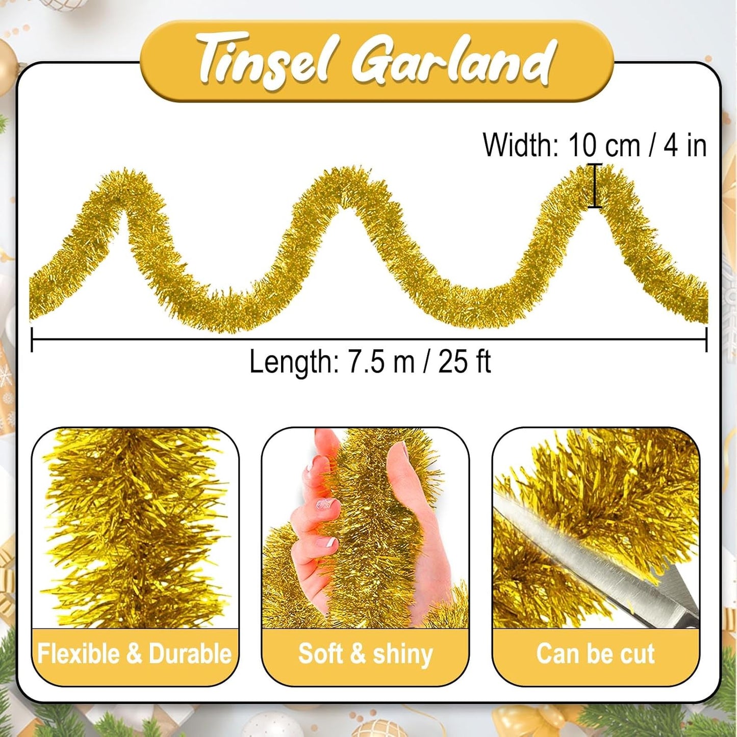 25 Feet Gold Christmas Tinsel Garland, Metallic Foil Twist Banner Wall Hanging Tinsel Streamers Backdrop for Parade Floats, Christmas, Mother's Day, Birthday Party Decorations(4in x 25ft)