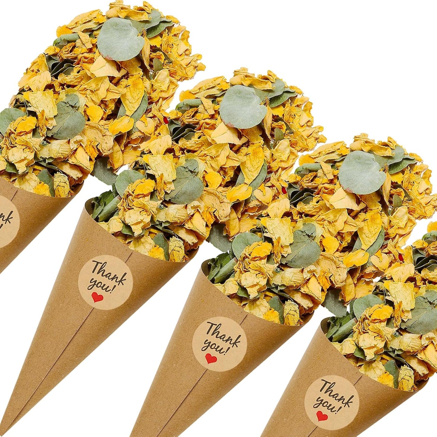 PATIKIL Dried Flower Confetti Cones, 30Pcs Paper Tapers Cone Holder with Dried Rose Petal / Sticker for Wedding Party Engagement Birthday DIY Decoration, Yellow/Green