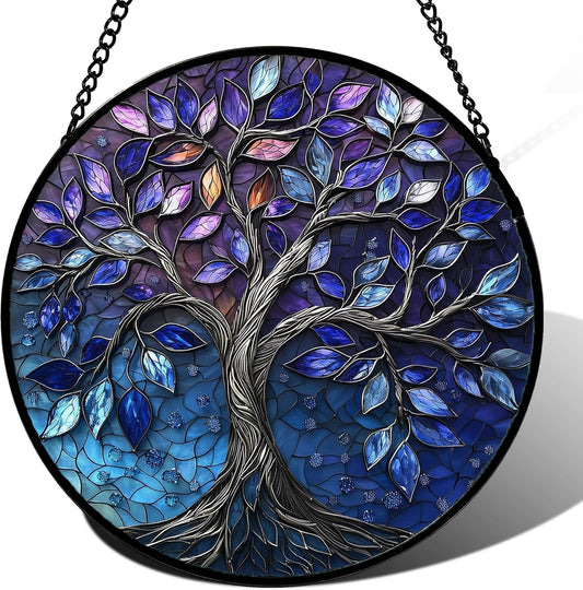 Stained Glass Window Hanging, Blue Purple Tree of Life Sun Catchers Colorful Glass Panel Plants Suncatcher Decor for Birthday for Women,Men,Wife, Lovers, and Mom 14.9x14.9 in