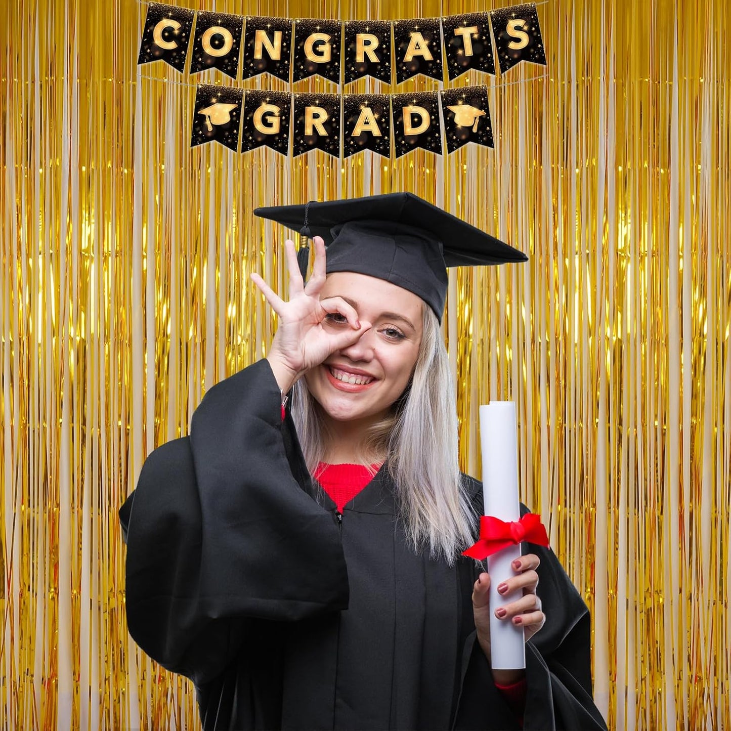 Gold Tinsel Backdrop Party Decorations, Melsan 3.2 x 8 ft Foil Fringe Curtains for Birthday, Anniversary, Graduation, New Year Eve, Pack of 2