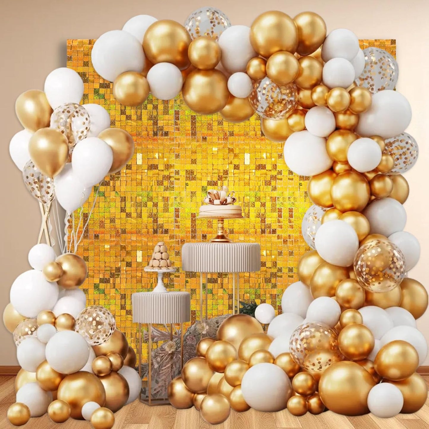 12PCS Gold Shimmer Wall Backdrop, Laser Square Sequin Photo Backdrops Panel, Glitter Wall Background for Birthdays, Weddings, Christmas, Engagements, Disco Bachelorette Party Decoration (3FTx4FT)