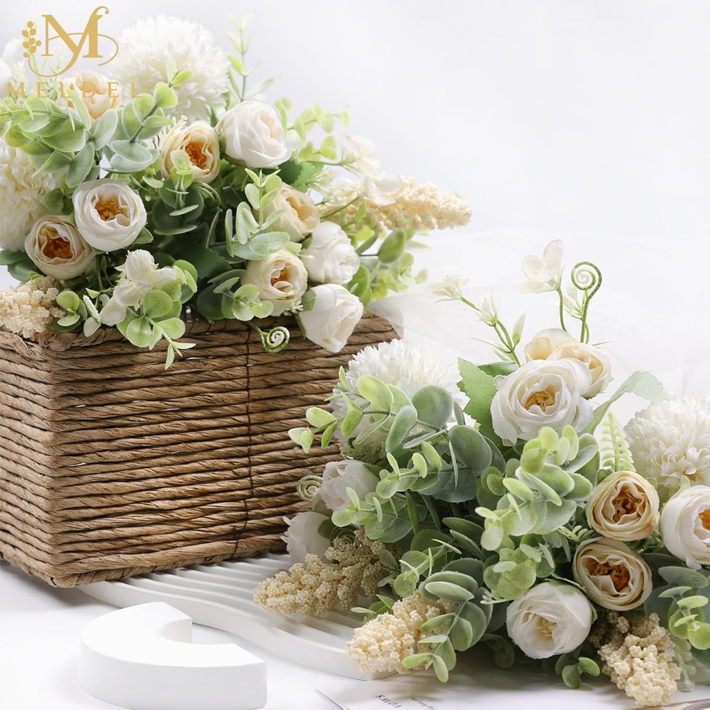 Meldel 3Pcs Rose Bouquet White&Champagne Artificial Flowers Eucalyptus Plants Silk Flower Arrangements Wedding Bouquets Decorations Plastic Floral Centerpieces for Home Kitchen Garden Party Decor