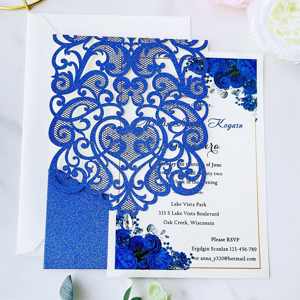 Hosmsua 50pcs Personalized Wedding Invitation Kit 5.12 x 7.3 Inch Royal Blue Laser Cut Flora Rehearsal Wedding Invitations with Envelopes for Quinceañera Bridal Shower Invite