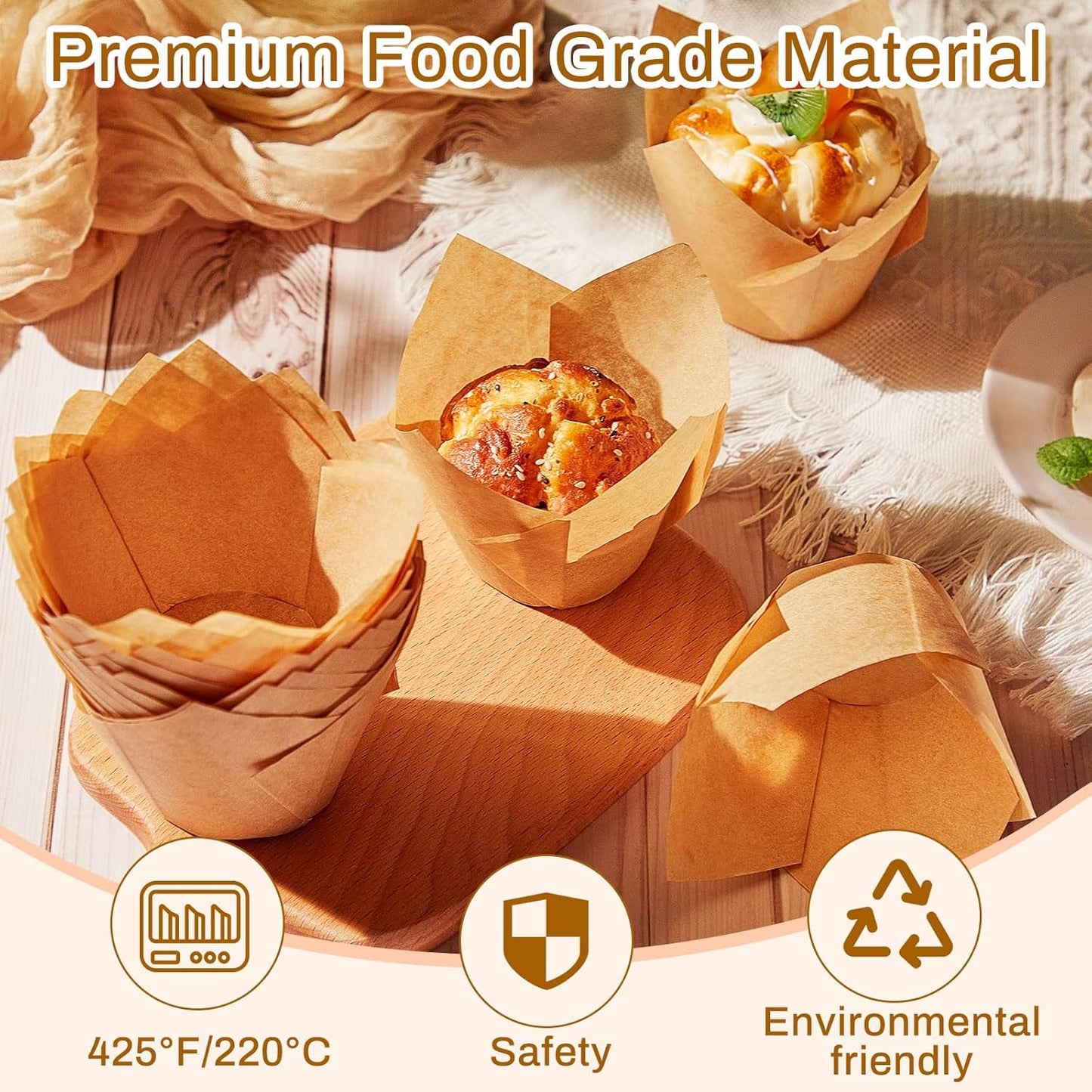 600 Pcs Jumbo Muffin Liners for Baking 2-1/4" x 4" Large Tulip Cupcake Liners Greaseproof Cupcake Wrapper Paper for Weddings Birthday Christmas Anniversaries Party (Light Brown)