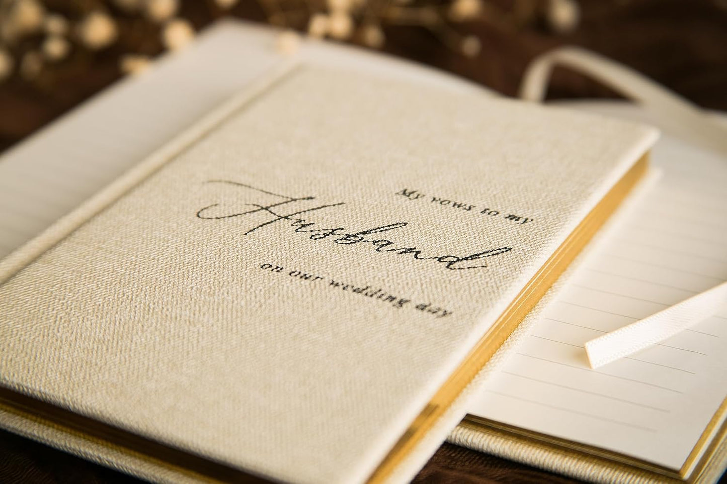 MUUJEE Hard Cover Vow Books (Set of 2) - Cream Canvas Linen Foil Embossed Wedding Ceremony Vow Renewal Speech Books, Couple Gifts for Engagement (To My Husband/Wife)