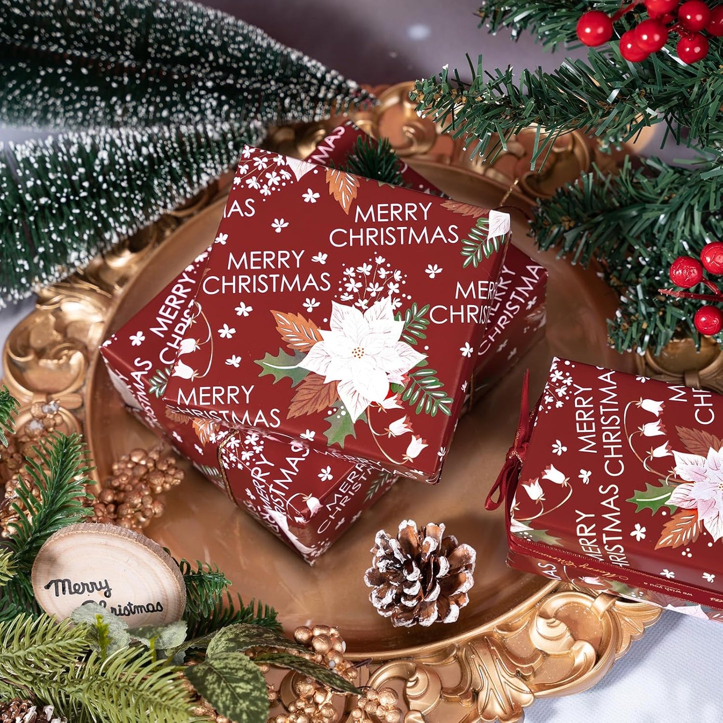 LeZakaa Christmas Wrapping Paper Roll - Red Flower & Merry Christmas Letter Pattern for Holiday, Party - 17 inches x 32.8 Feet (46.45 sq.ft.)