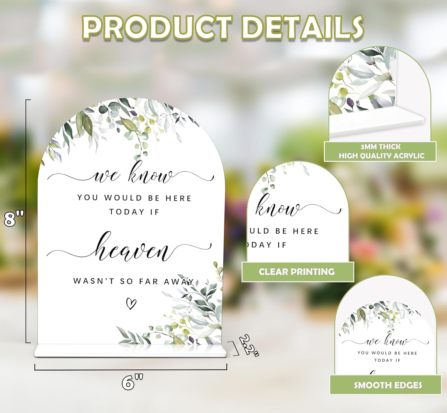 Greenery Wedding Memorial Sign, 6 x 8 Inch White Arch Acrylic Wedding Sign with Holder, Wedding Decoration, Wedding Supplies