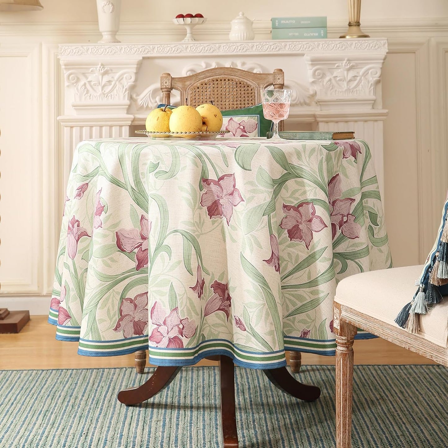 patdrea Designer Linen Small Green Roun Tablecloth,Violets Pattern Vintage French Tablecloths,Floral Decor Table Cover for Kitchen Dining Christmas,Thanksgiving,Tea Party,Diameter 55"-Tara a