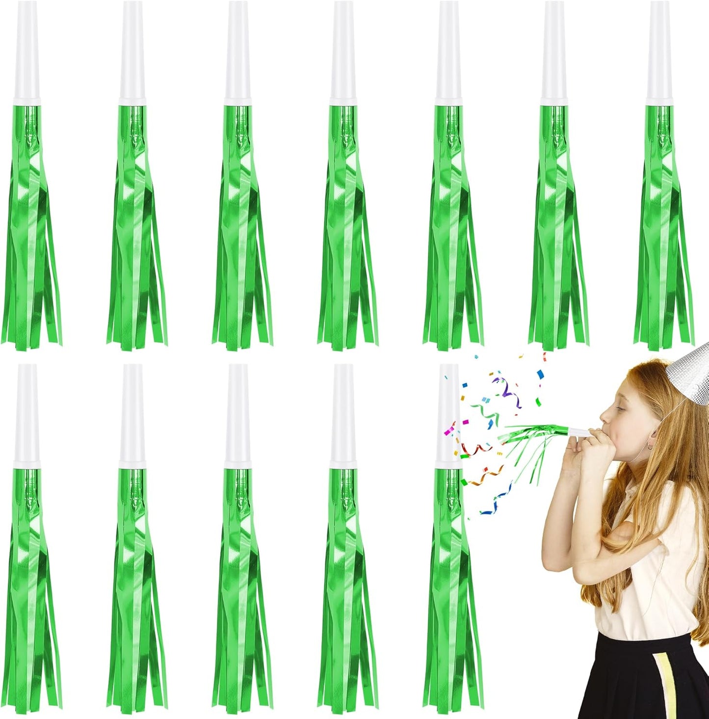 12 Pcs Glitter Noise Makers Metallic Fringed Party Blower for Adults Birthday Graduation New Years Party Favors Supplies (Green)