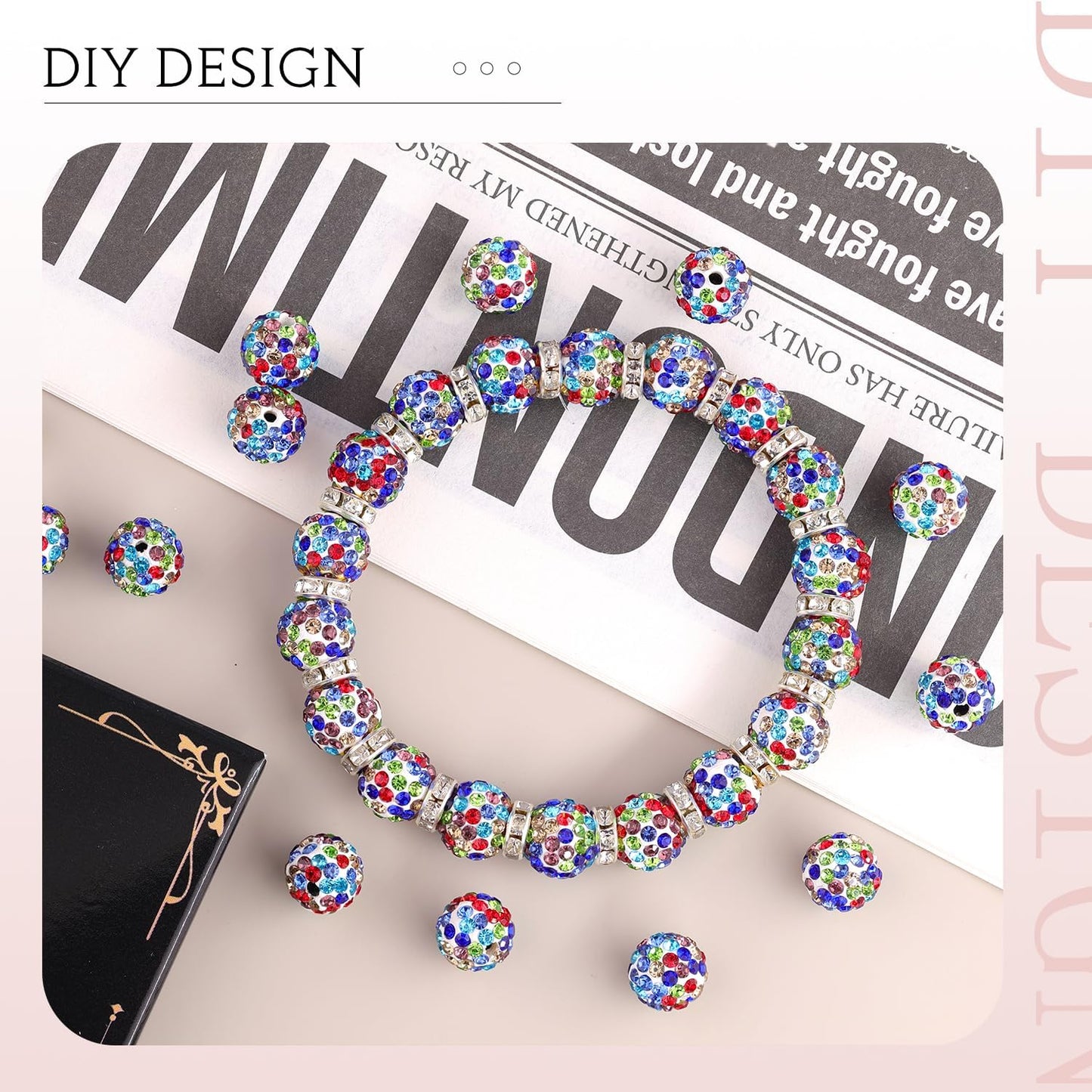 200pcs 10mm White Mixed Rhinestone Beads for Jewelry Making, Shiny Round Shamballa Disco Ball Beads, Sparkle Crystal Clay Christmas for Bracelet Baseball Necklace Earring Crafting and DIY