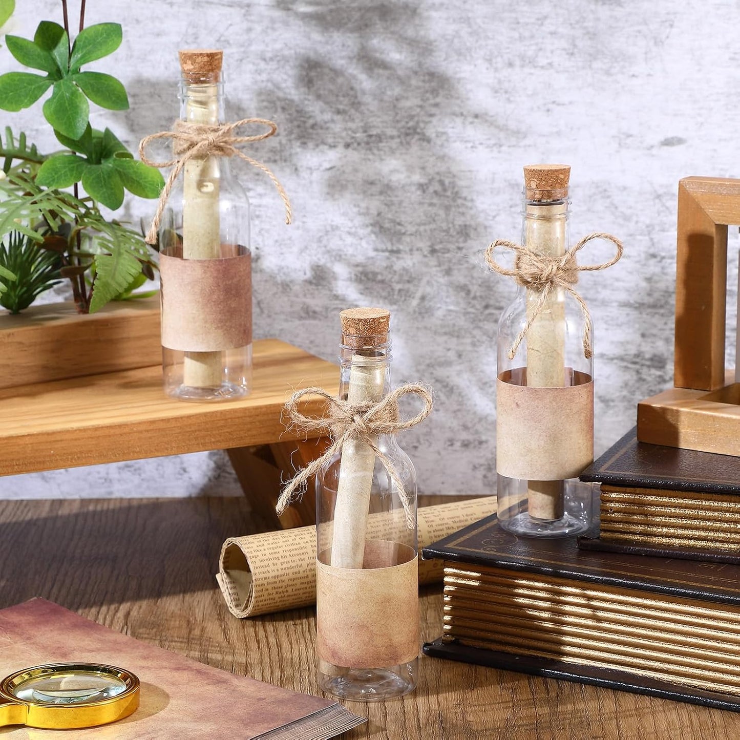 Baderke 12 Pcs 5.6 oz Message Bottles with Letter Printer Paper Plastic Bottles & Corks Twines for Message Invitations Birthday Wedding Baby Shower DIY Crafts Gift Party Favors (Vintage)