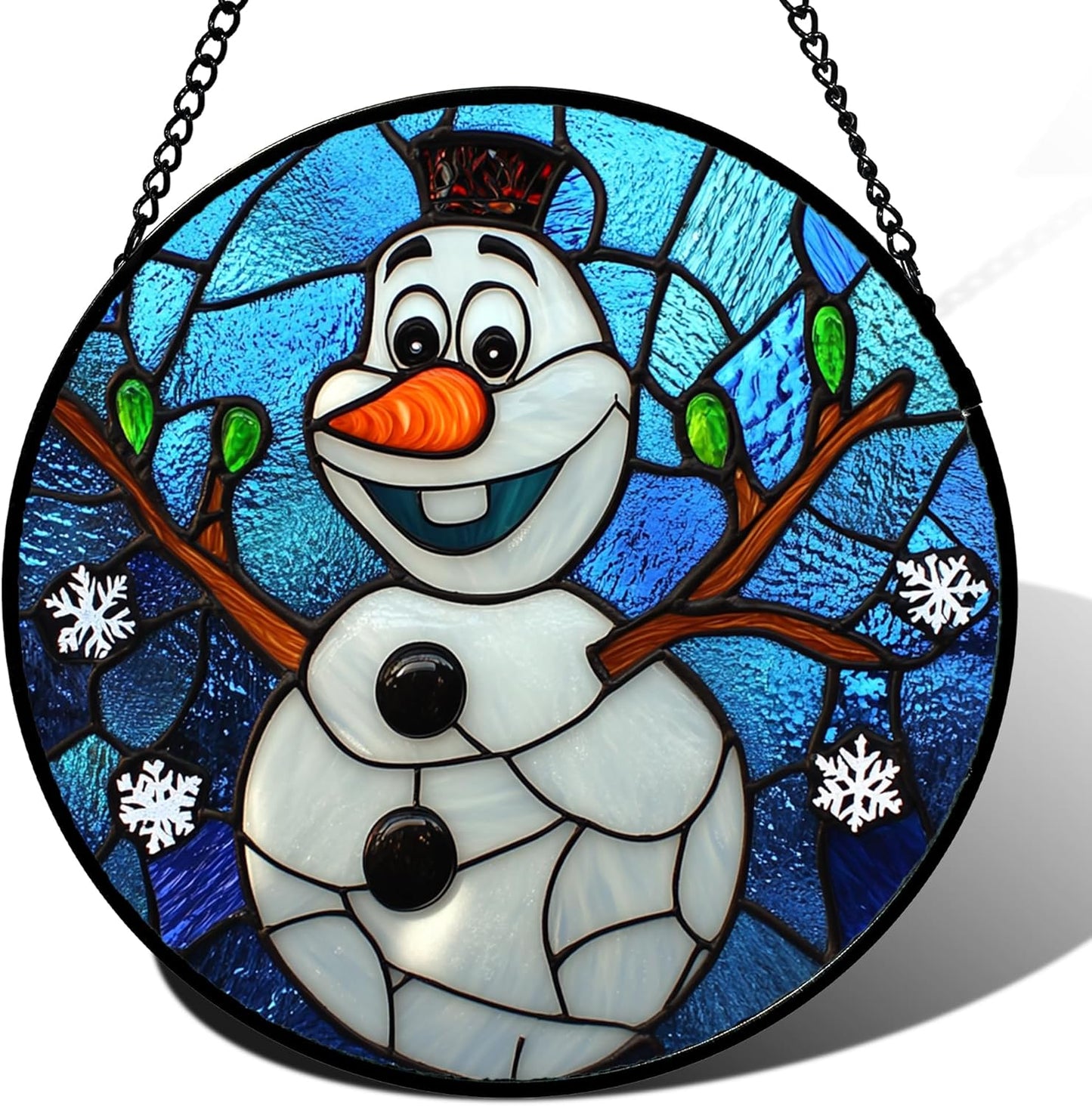 Stained Glass Window Hanging Christmas Funny Snowman 15" - Suncatcher Door Garden Blue White Snowflakes Sun Catcher New Year Birthday for Friend Mom Men Woman Nana