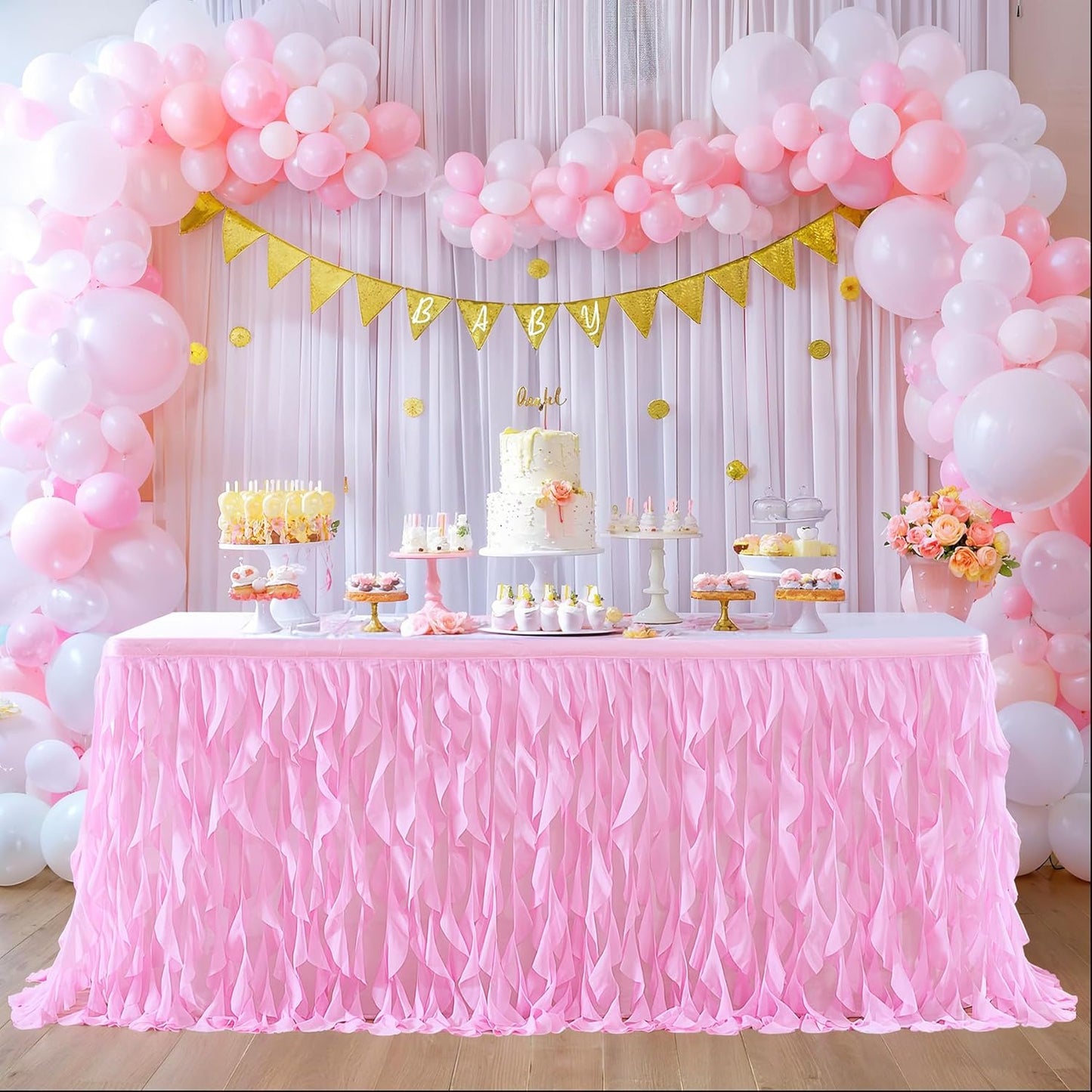 Partisky Pink Tulle Curly Willow Table Skirt for Rectangle Table 9ft, Ruffle Tutu Table Cloth for Girls Baby Shower,Birthday Party Candy Cake Tables