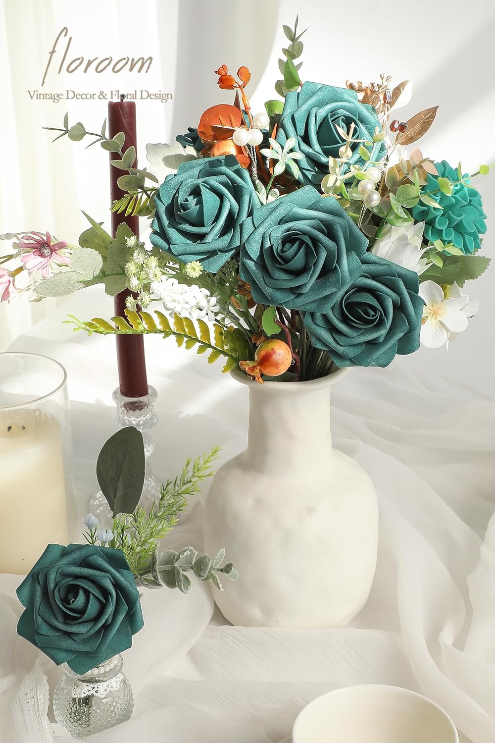 Floroom Artificial Flowers 25pcs Real Looking Dark Teal Foam Fake Roses with Stems for DIY Wedding Bouquets Bridal Shower Centerpieces Floral Arrangements Party Tables Home Decorations