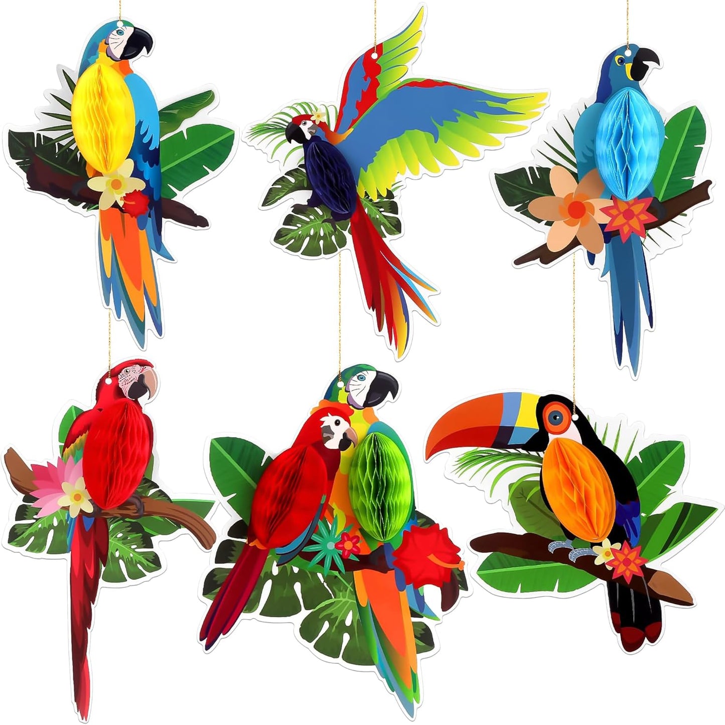 6Pieces Tropical Birds Honeycomb Parrot Paper Cutouts Decorations, Hawaiian Party Hanging Parrot Decorations for Luau Summer Rainforest Party Indoor Outdoor